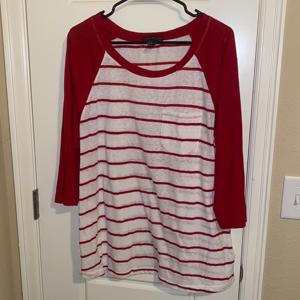 Red striped raglan T-shirt.